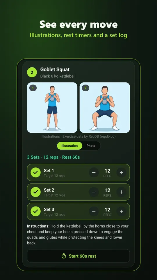 Goblet squat with two illustrations and a set log