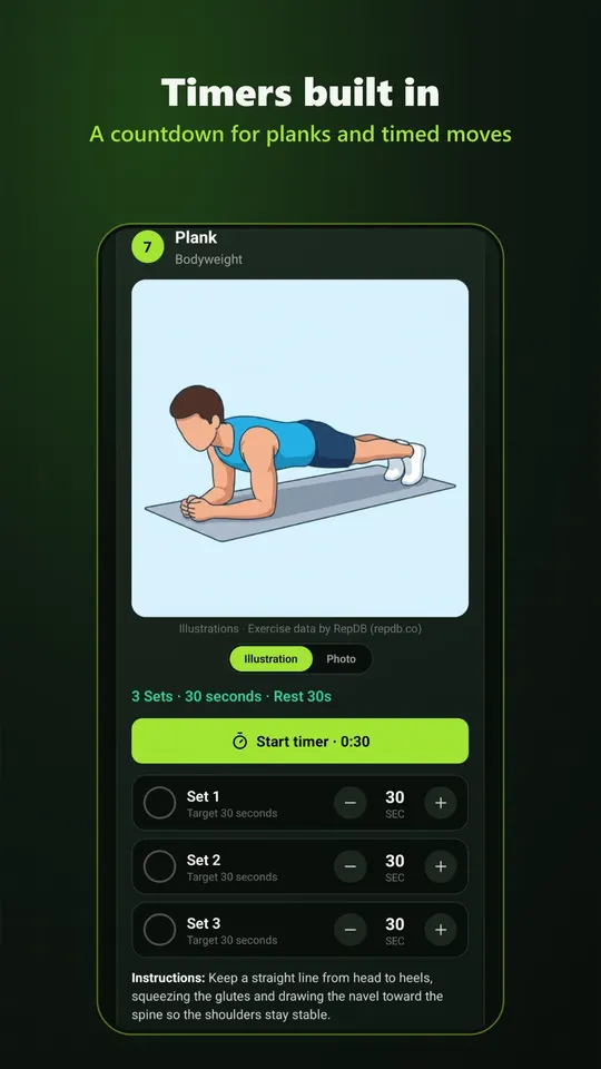 A plank with a built-in countdown timer